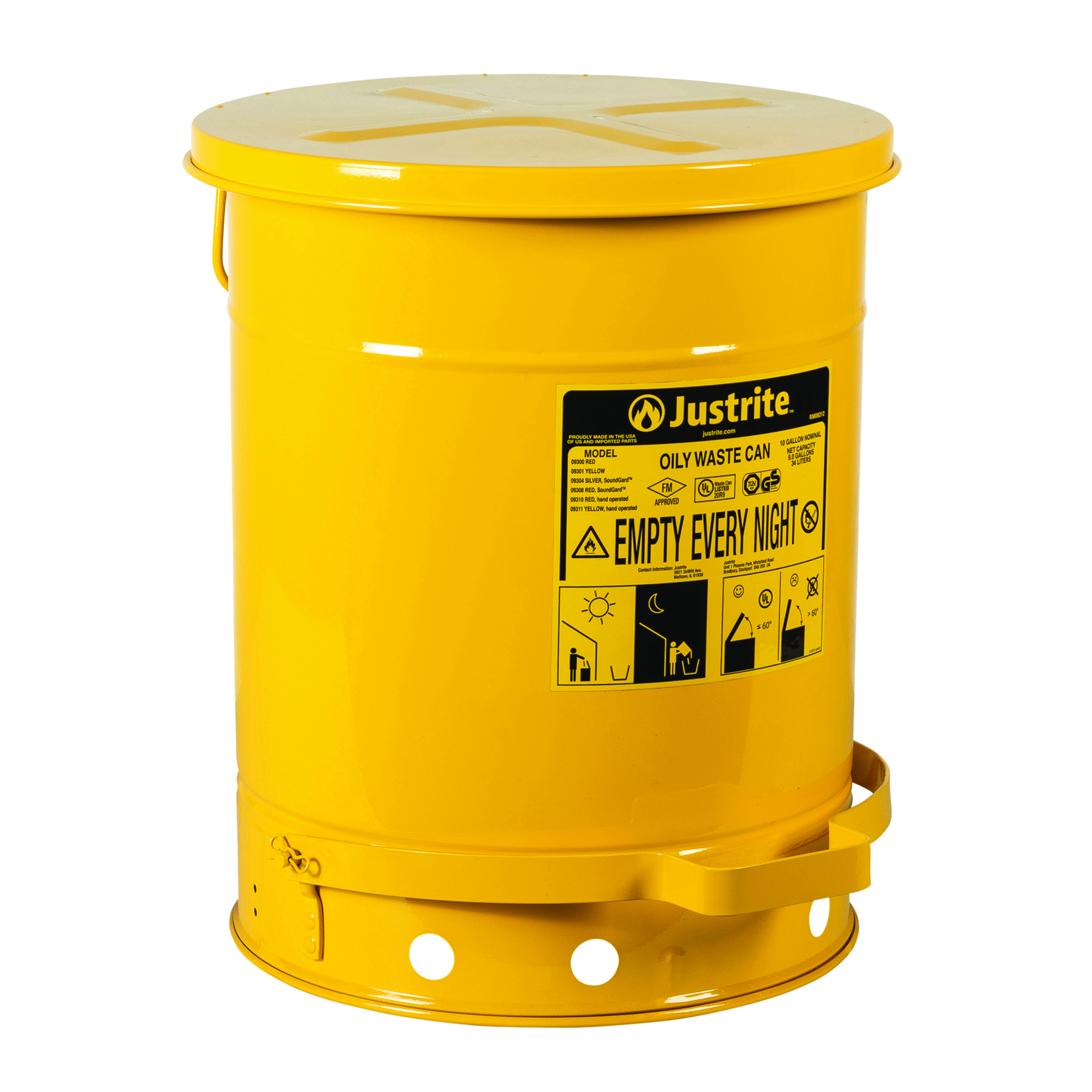 Justrite Oily Waste Can — 10-Gal., Hands-Free, Self-Closing Cover, Yellow, Model# 09301